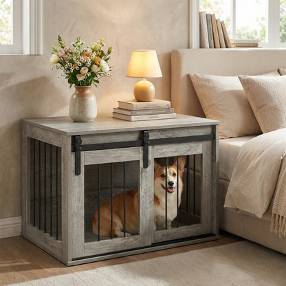 Dog Crate Furniture Heavy Duty Dog Kennel with Sliding Barn Door
