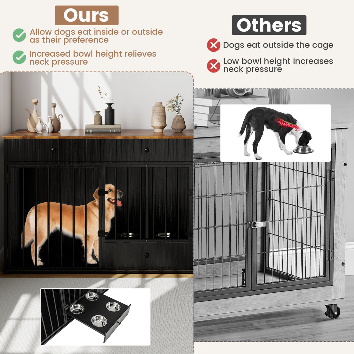 Dog Crate Furniture Indoor Modern Dog Kennel with Divider 3 Drawers and Pull-out Feeder