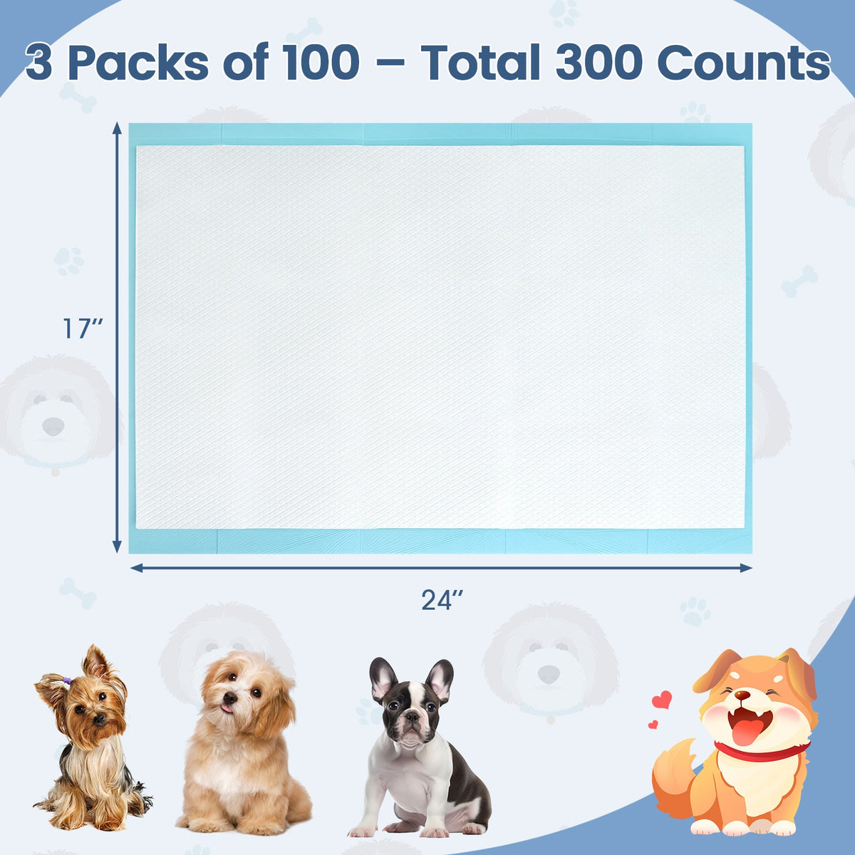 Dog and Puppy Pee Pads 24" x 17" (300 Counts) for Potty Training-Blue
