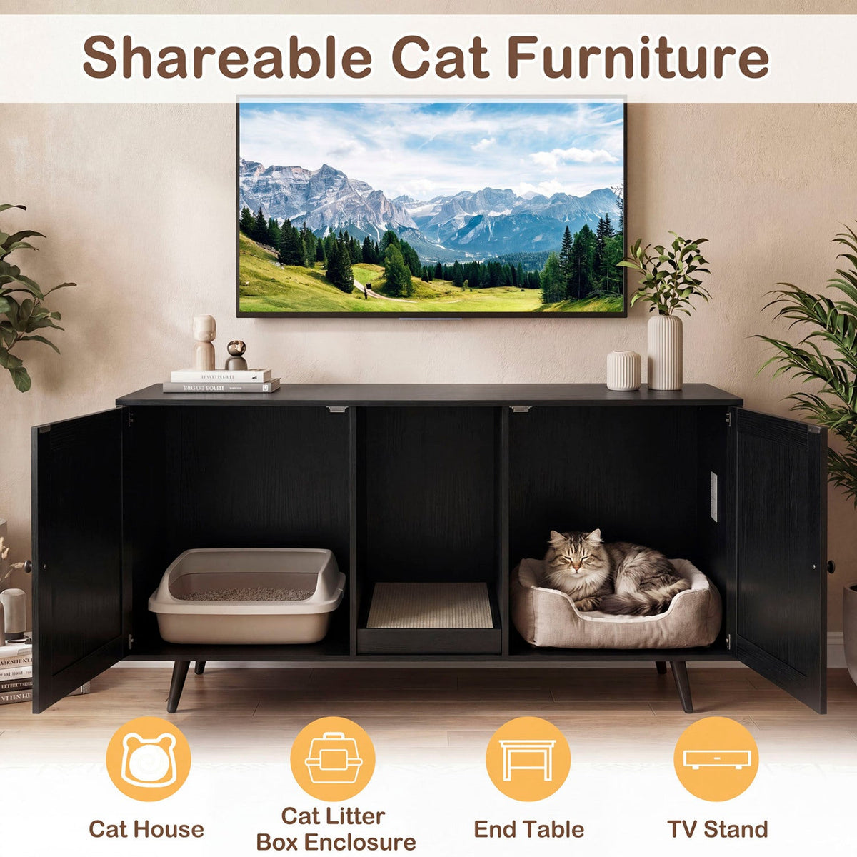 Double Cat Litter Box Enclosure with Scratching Pad