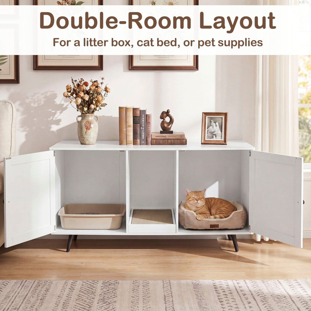 Double Cat Litter Box Enclosure with Scratching Pad