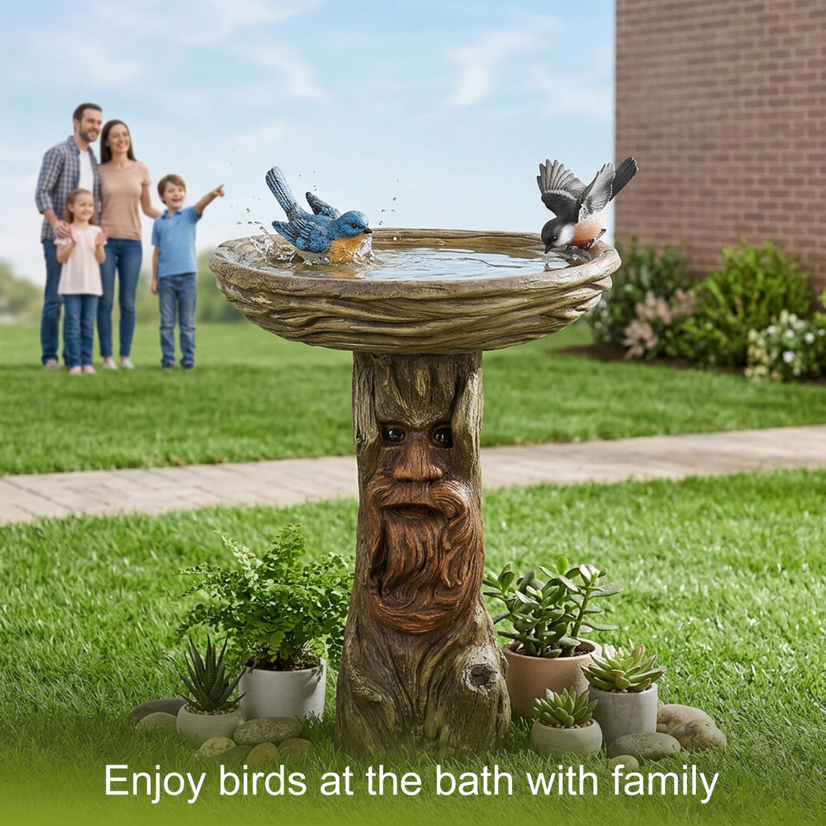 Concrete Stone Bird Bath Old Man Tree Face 23 Inch