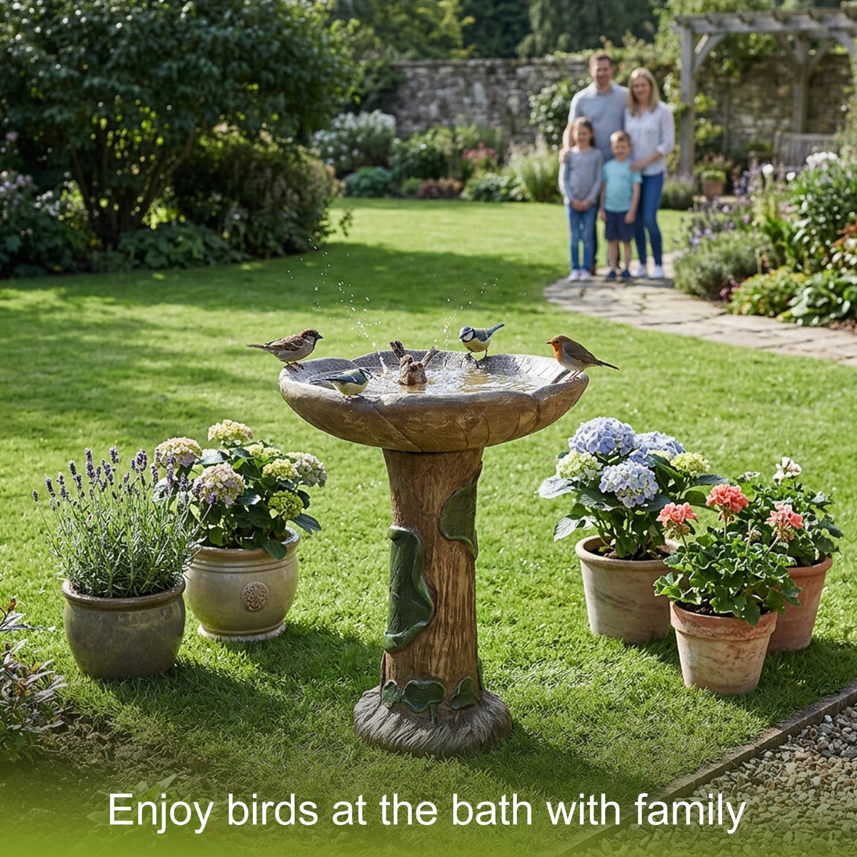 Concrete Rustic Bird Bath Carved Trunk 24 Inch