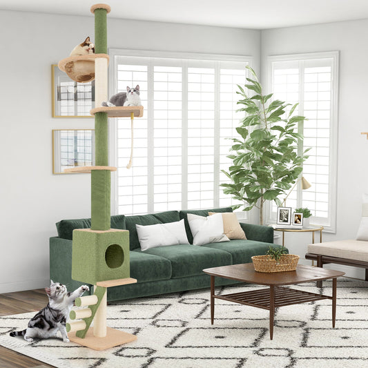 Floor to Ceiling Cat Tree with 86-99.5 Inch Adjustable Height and Extra Post-Green