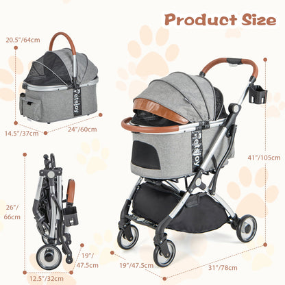 Foldable Dog Cat Stroller with Removable Waterproof Cover-Dark Gray