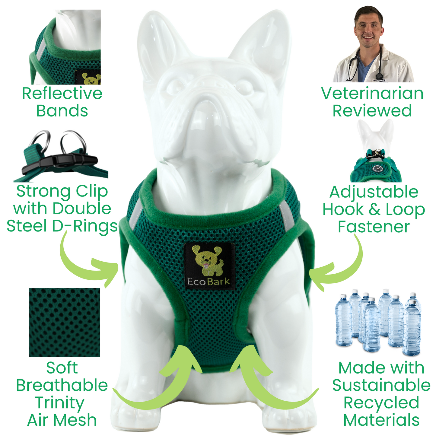 EcoBark Step In Dog Harness - XXXS to Small Breeds- Reflective Soft Mesh Harness for Teacup, Small Dogs and Puppies / Forest Green