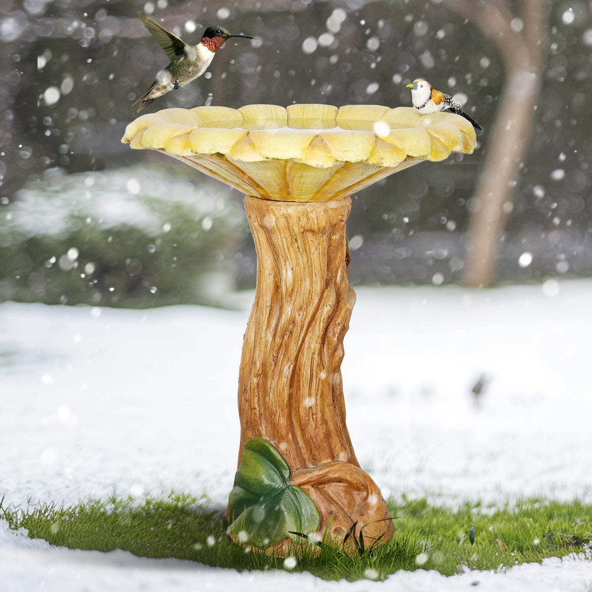 Concrete Wooden Bird Bath Sunflower on Trunk 24 Inch