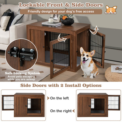 Furniture Dog Crate with Cushion and Double Doors-Walnut