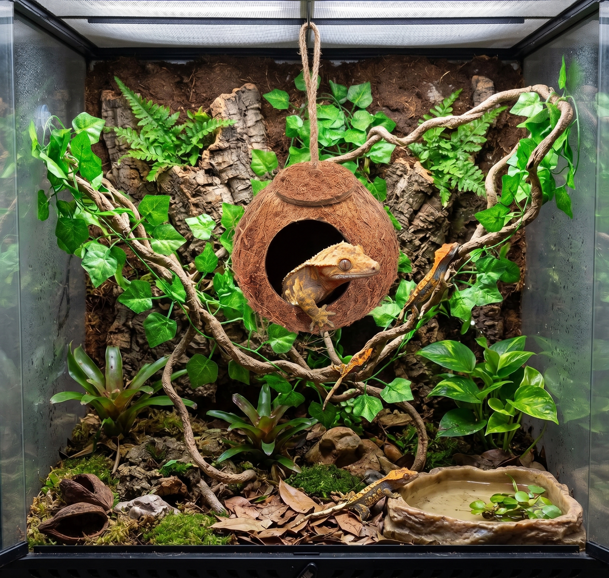 Hanging Natural Coconut Reptile Hide with Vine