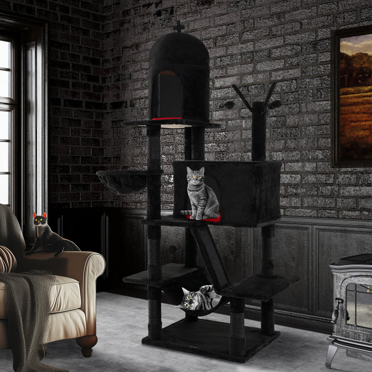 Gothic Cat Tree with 2 Cat Condos and Spooky Dangling Ball for Indoor Cats-Black
