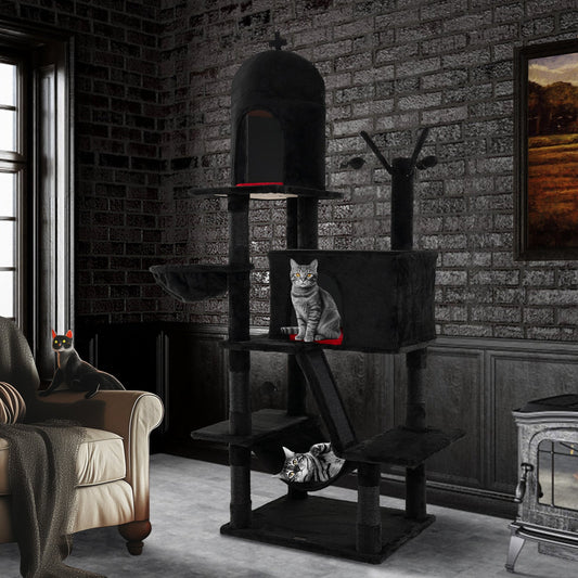 Gothic Cat Tree with 2 Cat Condos and Spooky Dangling Ball for Indoor Cats-Black