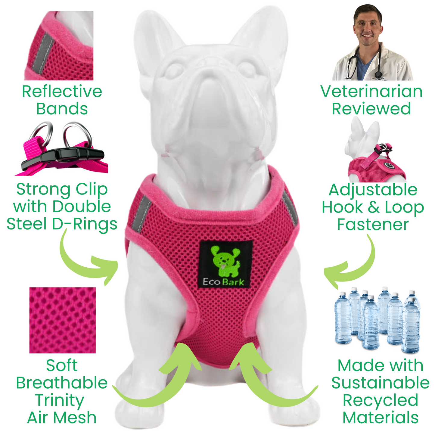 EcoBark Step In Dog Harness - XXXS to Small Breeds- Reflective Soft Mesh Harness for Teacup, Small Dogs and Puppies / Hot Pink