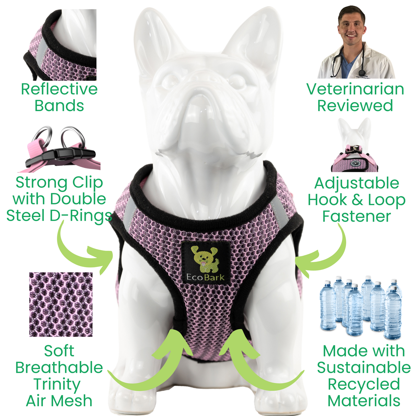 EcoBark Step In Dog Harness - XXXS to Small Breeds- Reflective Soft Mesh Harness for Teacup, Small Dogs and Puppies / Lilac Pink
