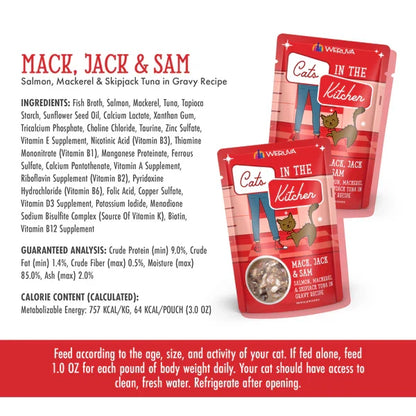 Cats in the Kitchen Mack, Jack and Sam Salmon, Mackerel & Skipjack Tuna in Gravy (3oz)
