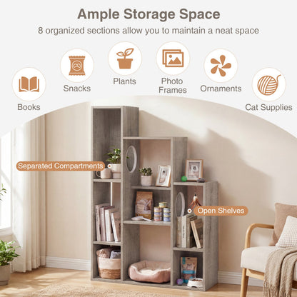 Modern Cat Bookshelf Cat Tree 8-Section Storage Cabinet with 2 Round Holes