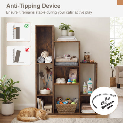 Modern Cat Bookshelf Cat Tree 8-Section Storage Cabinet with 2 Round Holes