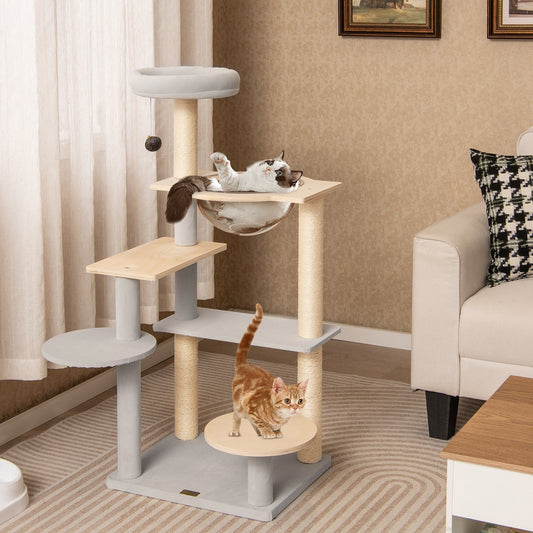 Modern Cat Tree 44 Inch Multi-level Cat Tower with Removable Padded Top Perch-Natural
