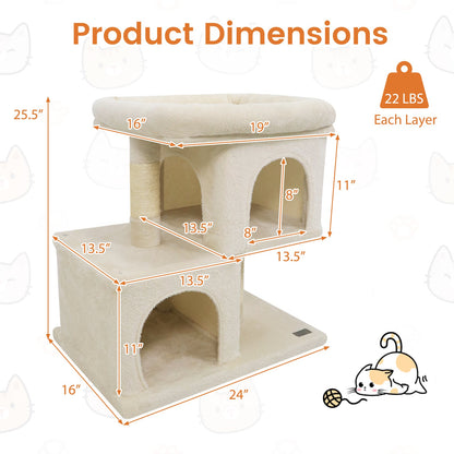 Modern Cat Tree Space-saving Cat Tower with Upholstered Perch and 2 Cat Condos