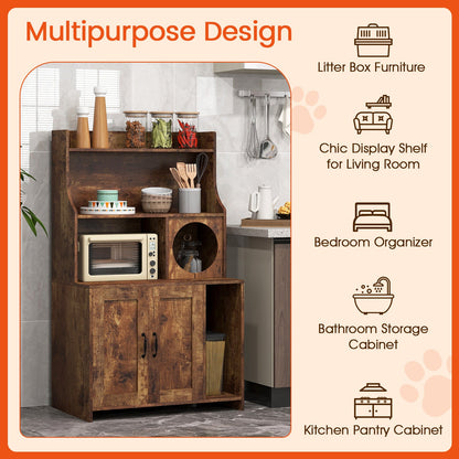 Modern Wooden Industrial Cat Litter Box Enclosure with Storage Shelves-Brown
