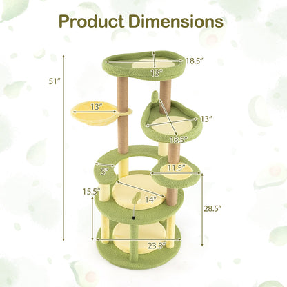 Multi-level Cat Tree Avocado Theme Cat Tower with Wide Perch Rotatable Basket-Green