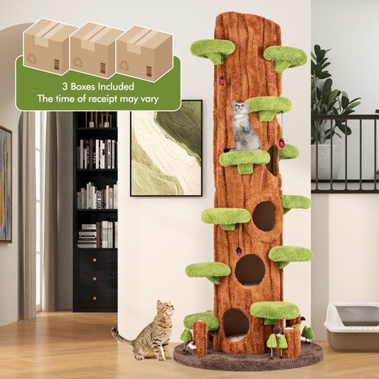 90.5 Inch Tall Multifunctional Cat Tree with Private Condos for Indoor Cats-Brown