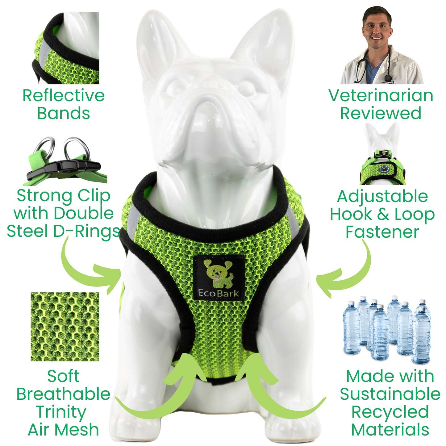 EcoBark Step In Dog Harness - XXXS to Small Breeds- Reflective Soft Mesh Harness for Teacup, Small Dogs and Puppies / Neon Green Sport