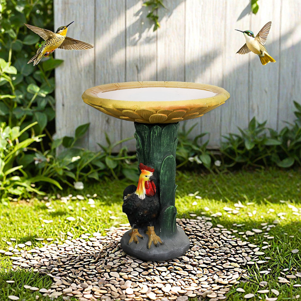 Concrete Bird Bath Garden Sunflower and Rooster 24 In