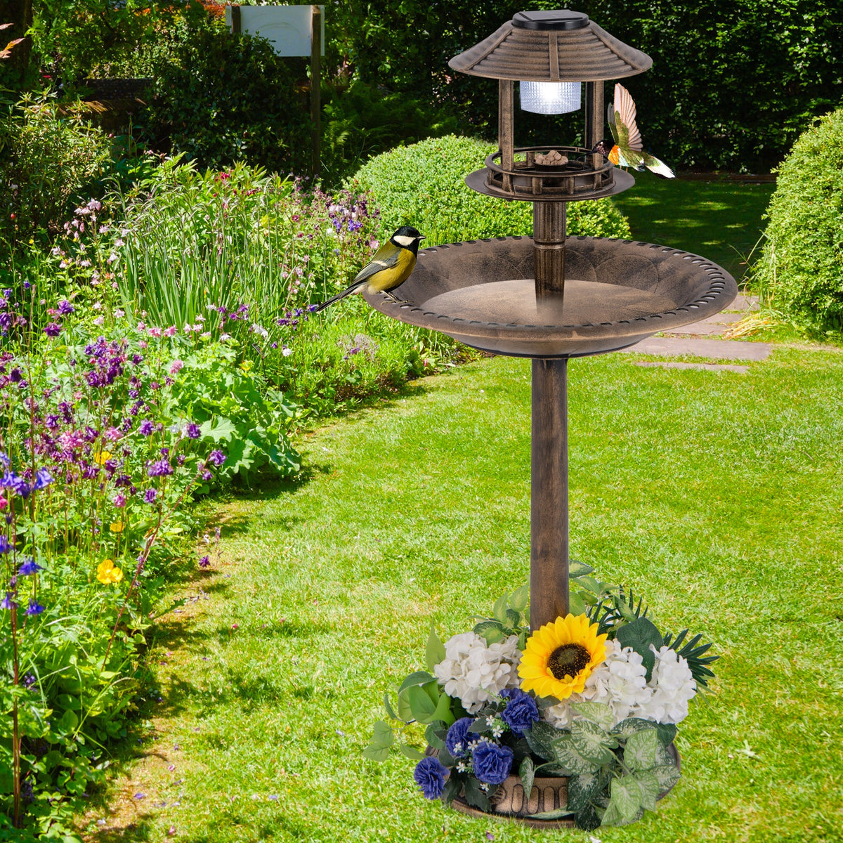 Solar Pedestal Bird Bath with Feeder and Planter - Bronze