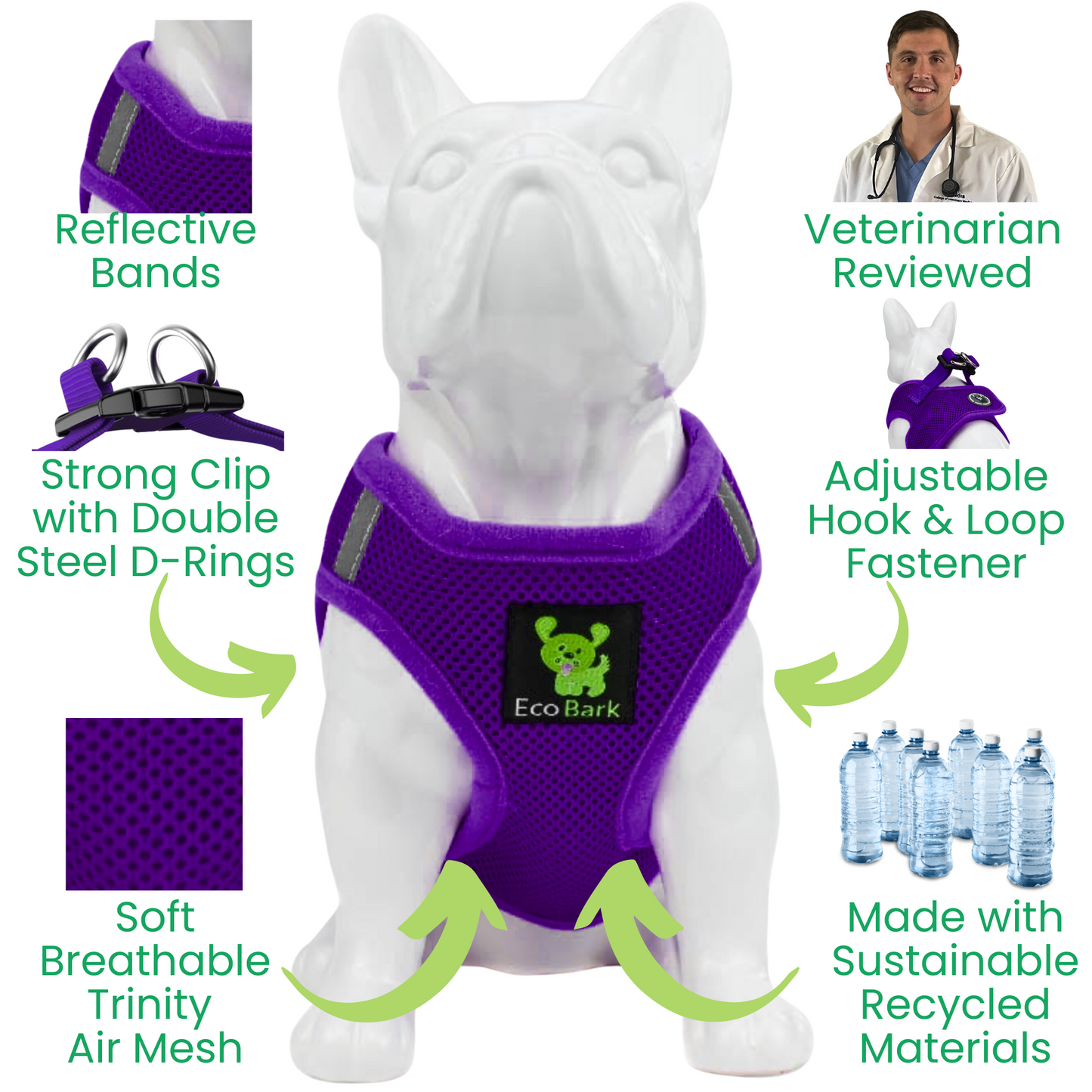 EcoBark Step In Dog Harness - XXXS to Small Breeds- Reflective Soft Mesh Harness for Teacup, Small Dogs and Puppies / Purple
