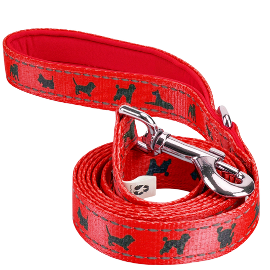 EcoBark Cherry Red Dog Leash- Padded Comfort Grip Leash with Dog Pattern - 4 ft, 5 ft, and 6 ft Leash for Small and Medium Dogs