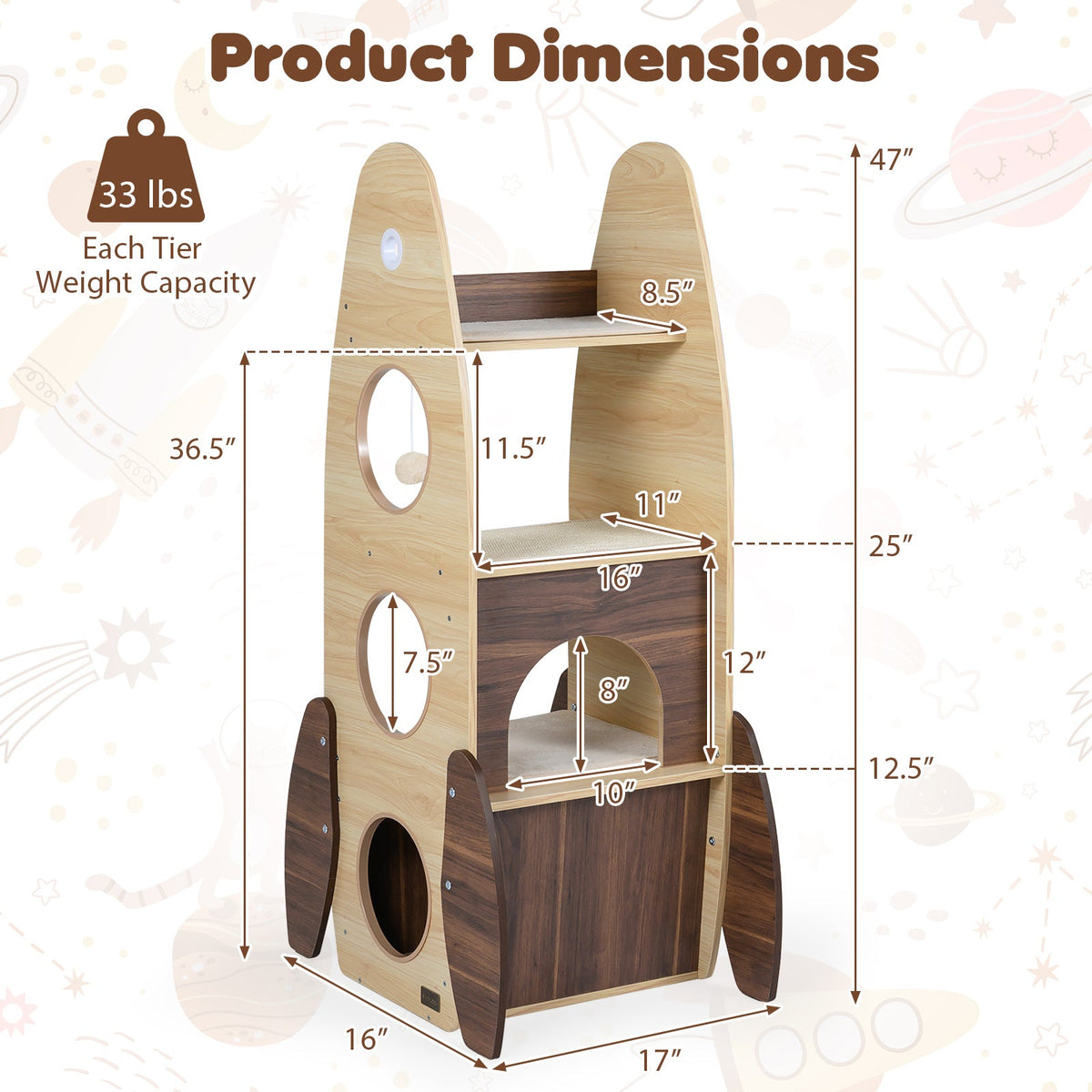 Rocket Cat Tree 47 Inch Large Wooden Cat Tower for Indoor Cats-Natural