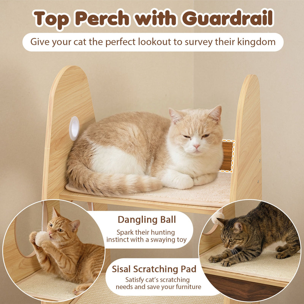 Rocket Cat Tree 47 Inch Large Wooden Cat Tower for Indoor Cats-Natural