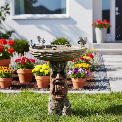 Concrete Stone Bird Bath Old Man Tree Face 23 Inch