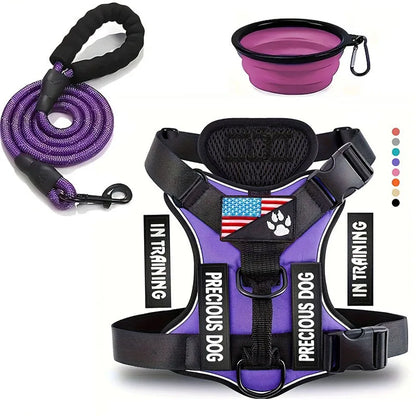 Service Dog Harness & Leash Set with 1pc Folding Bowl Reflective Adjustable Dog Vest Harness Soft Oxford Pet Harness For Small M
