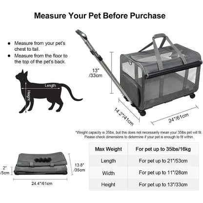 Large Pet Rolling Carrier with Wheels for Up To 30 LBS with Flexible Wheels Breathable and Collapsible Carrier for Medium Pets