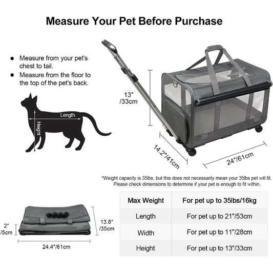 Large Pet Rolling Carrier with Wheels for Up To 30 LBS with Flexible Wheels Breathable and Collapsible Carrier for Medium Pets