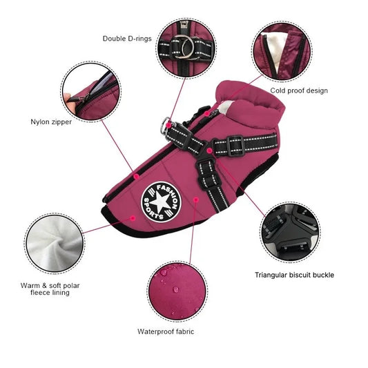 Large Pet Dog Jacket With Harness Winter Warm Dog Clothes For Labrador Waterproof Big Dog Coat Chihuahua French Bulldog Outfits