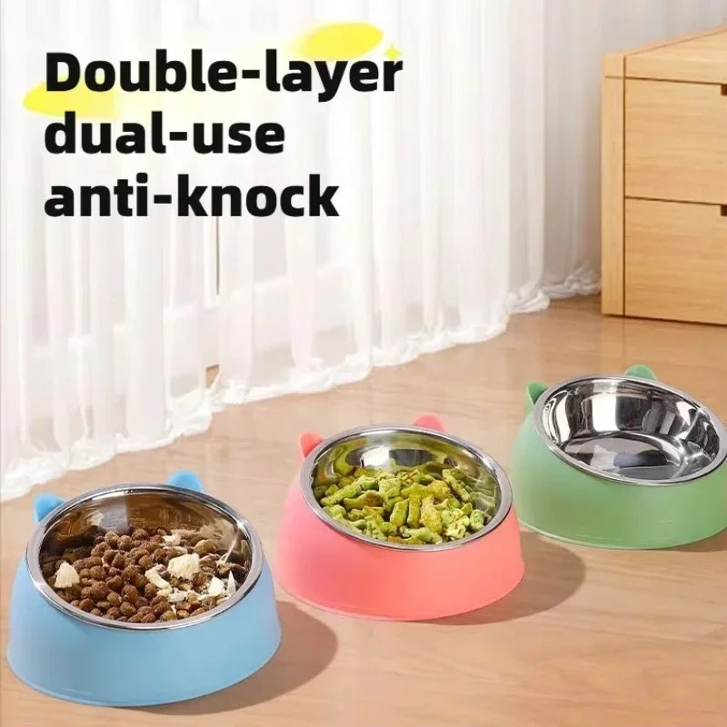 Stainless Steel Cat Bowl with Non Slip Base Cute Cat Ear Design Elevated Pet Food Water Bowl for Dog Kitten Puppy Safe Durable
