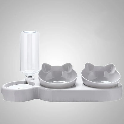 Three In One Cat Feeding Station, Durable Plastic Food And Water Bowls, Cute Cat Ear Design, Suitable For Two Cats To Eat