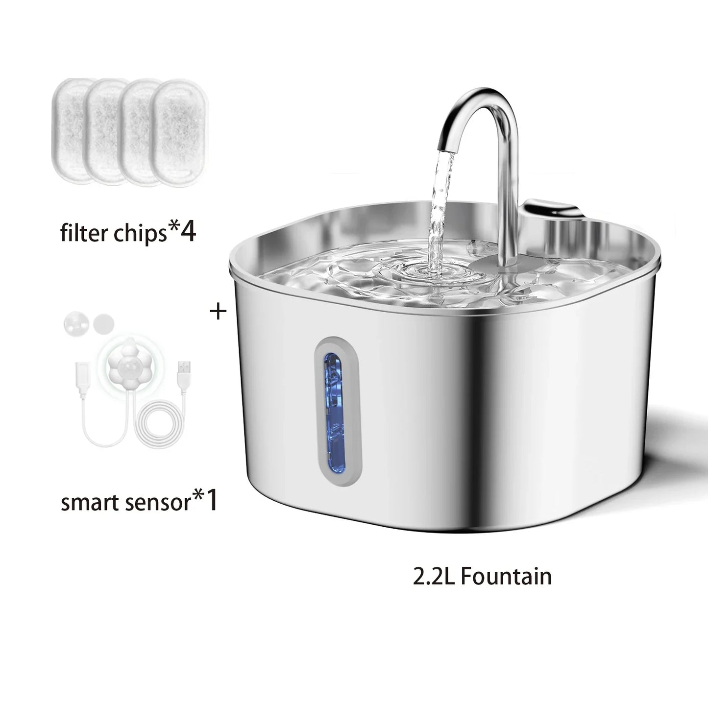 ZYFeeder 2.2L Automatic Water Fountain Stainless Steel Pet Water Feeder Cat/Dog Drink Bowl Water Dispenser Silent With Window