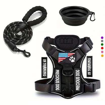 Service Dog Harness & Leash Set with 1pc Folding Bowl Reflective Adjustable Dog Vest Harness Soft Oxford Pet Harness For Small M