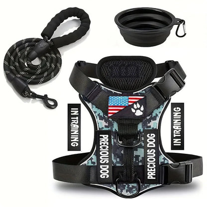 Service Dog Harness & Leash Set with 1pc Folding Bowl Reflective Adjustable Dog Vest Harness Soft Oxford Pet Harness For Small M