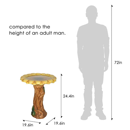 Concrete Wooden Bird Bath Sunflower on Trunk 24 Inch
