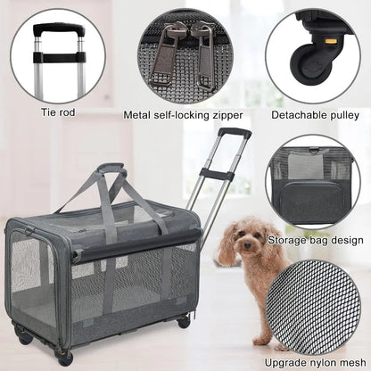 Large Pet Rolling Carrier with Wheels for Up To 30 LBS with Flexible Wheels Breathable and Collapsible Carrier for Medium Pets