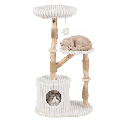 Solid Wood Cat Tree 41" with Real Branches & Cozy Bed