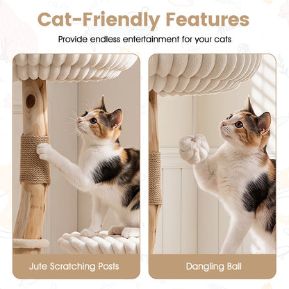 Solid Wood Cat Tree 41" with Real Branches & Cozy Bed
