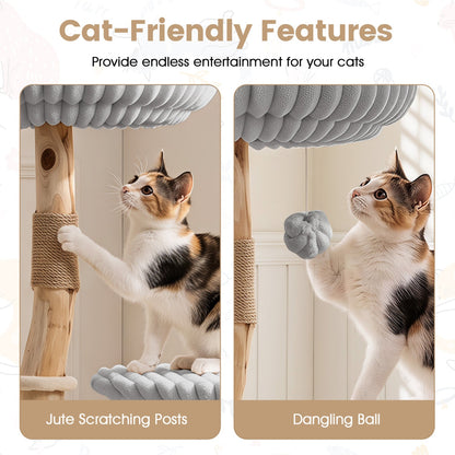 Solid Wood Cat Tree 41" with Real Branches & Cozy Bed