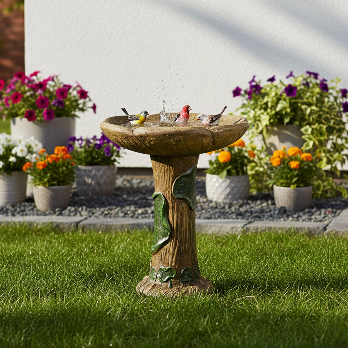 Concrete Rustic Bird Bath Carved Trunk 24 Inch