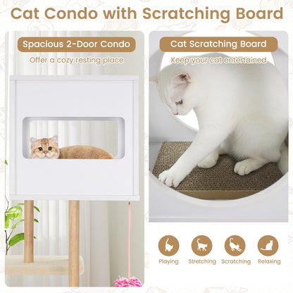 Tall Wood Cat Tower with 2 Corrugated Cardboard-White