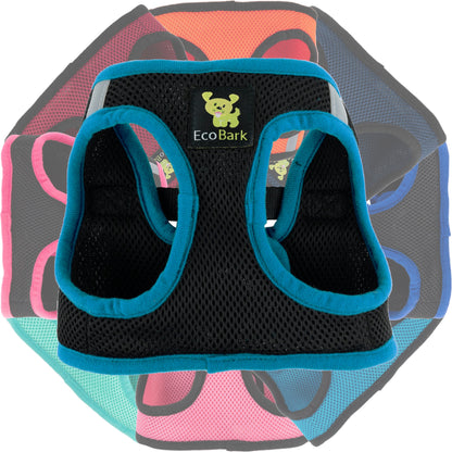 EcoBark Step In Dog Harness - XXXS to Small Breeds- Reflective Soft Mesh Harness for Teacup, Small Dogs and Puppies / Black w/ Teal Piping